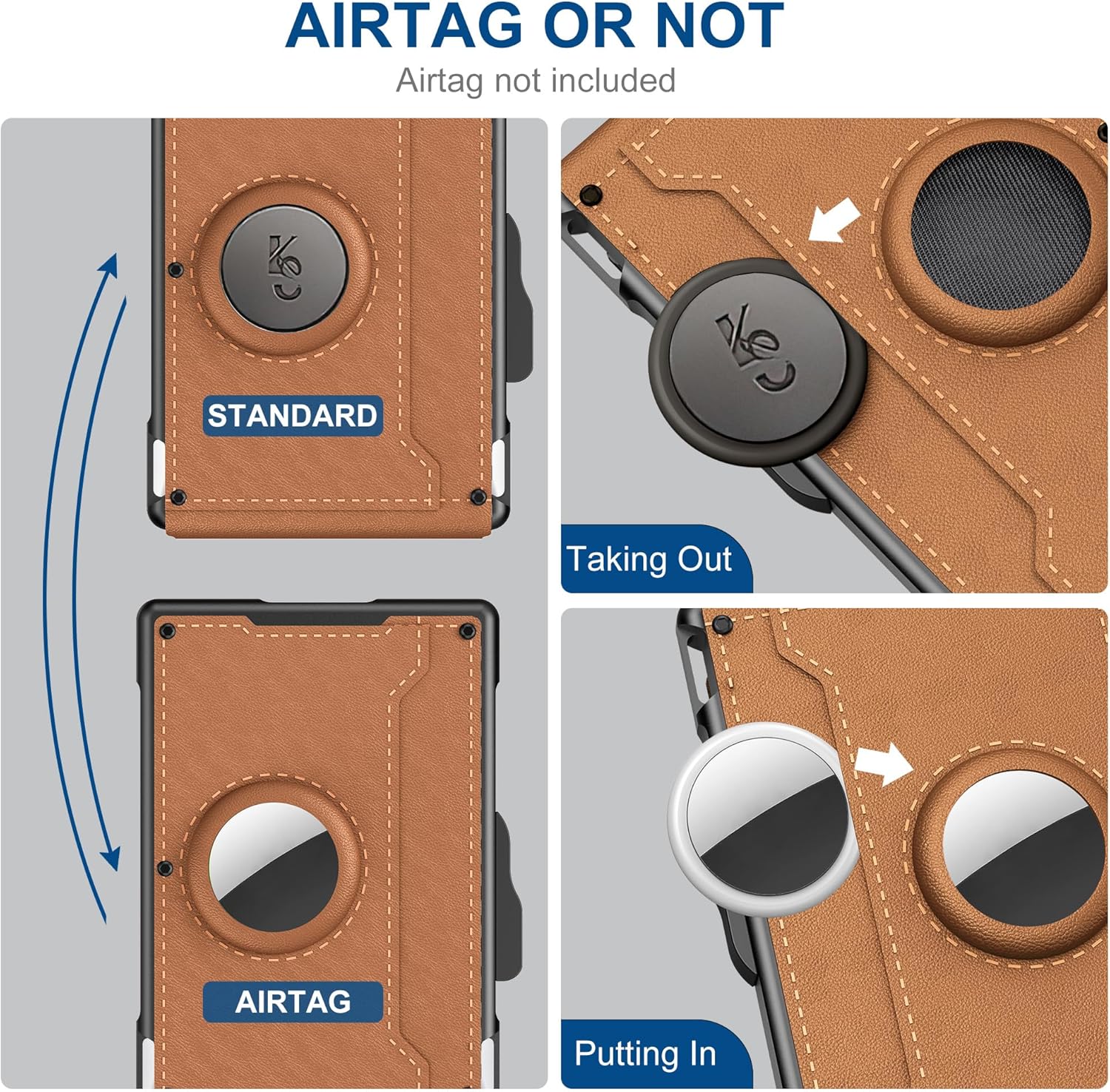 Cartera para hombre con compartimento para AirTag, carcasa de aluminio pop-up, pinza para billetes, ranuras de piel slim