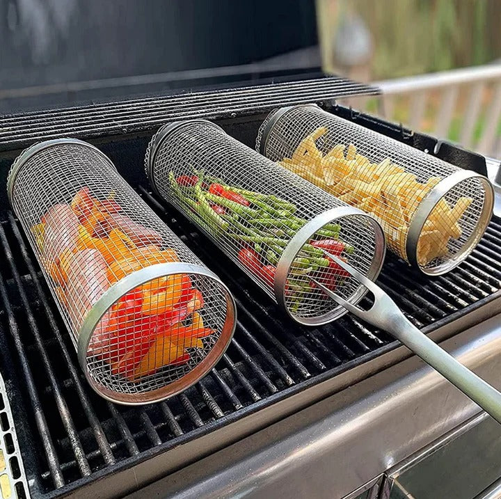 Cesta giratoria para barbacoa de acero inoxidable resistente
