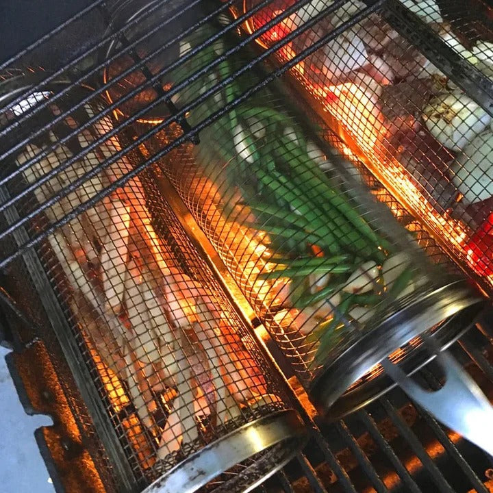 Cesta giratoria para barbacoa de acero inoxidable resistente