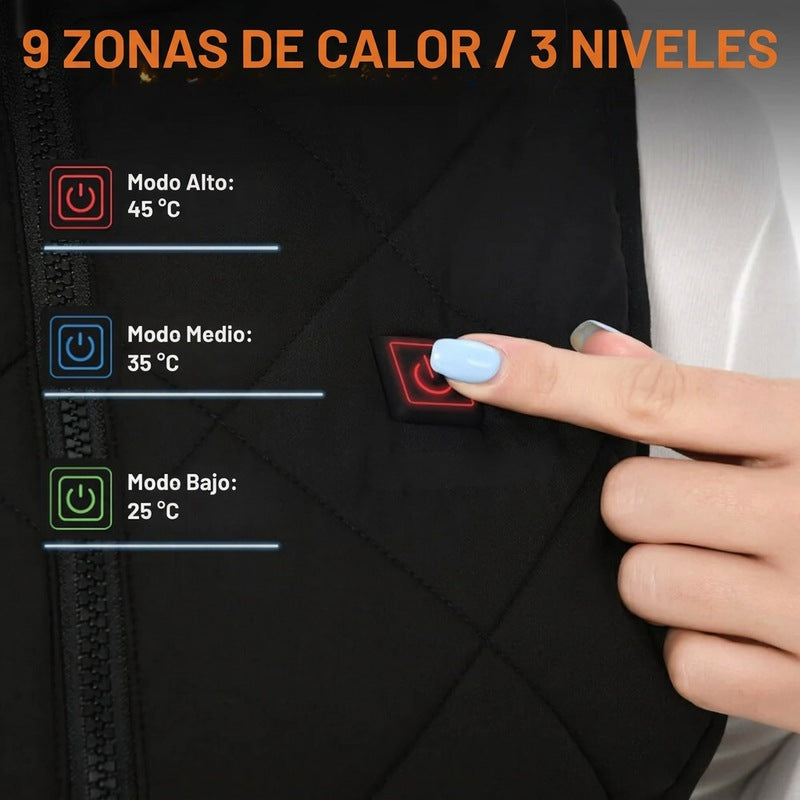Chaleco calefactable para mujer con doble control y 9 zonas de calor