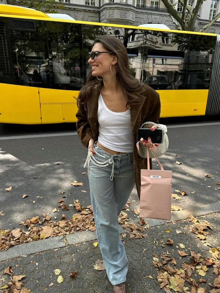 Chaqueta elegante de ante marrón para mujer