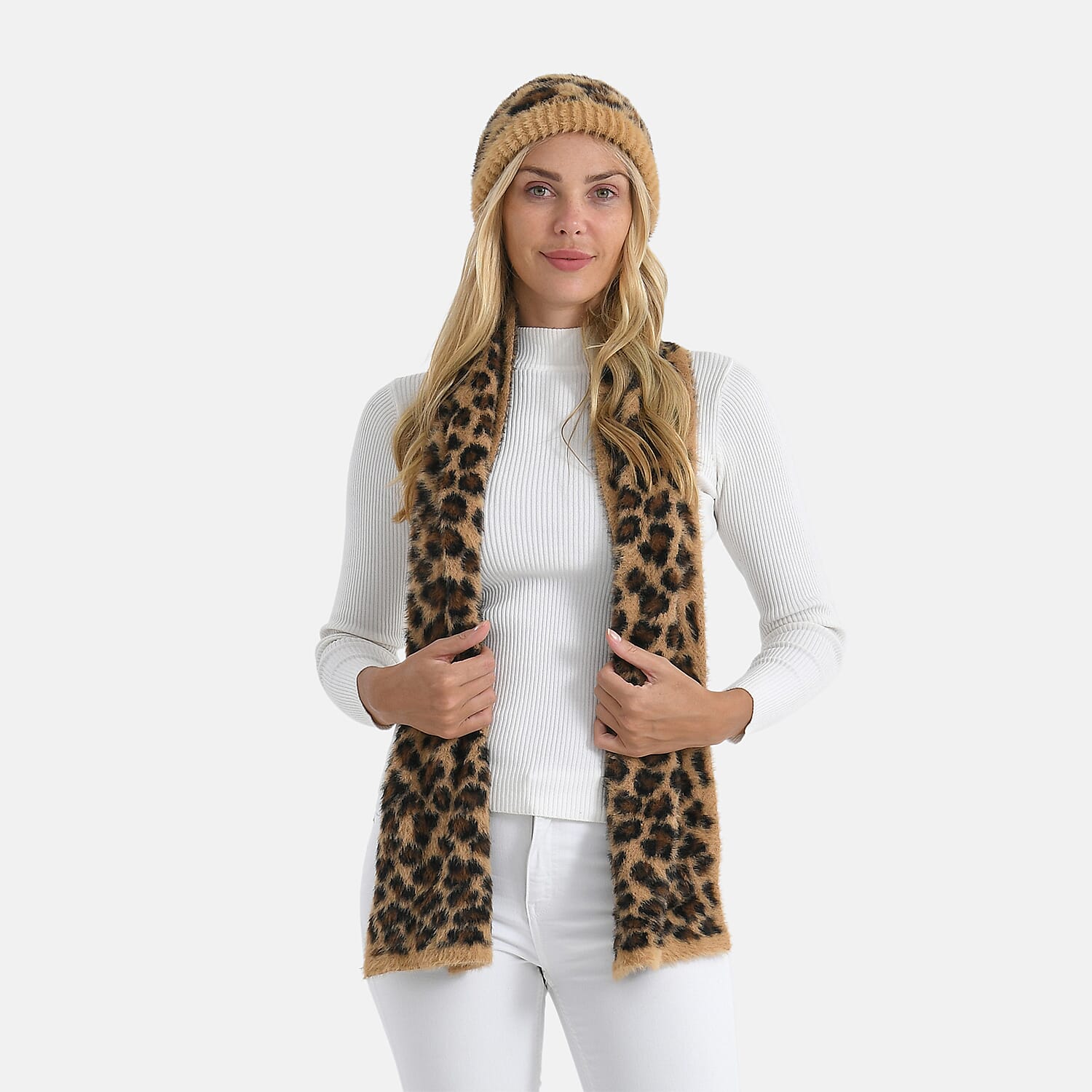 Conjunto de bufanda y gorro con estampado de leopardo para mujer Styled By – Accesorios de invierno de 2 piezas
