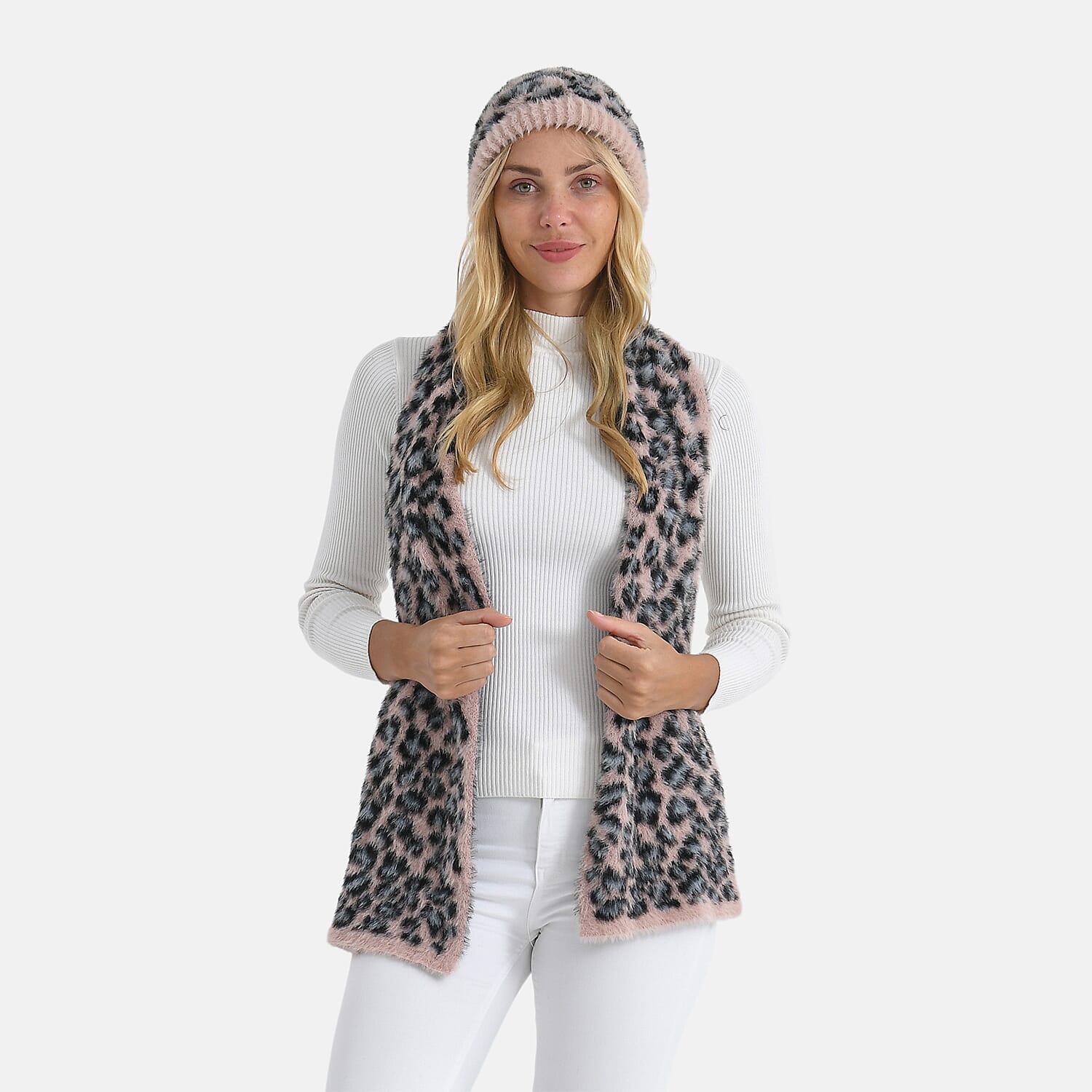 Conjunto de bufanda y gorro con estampado de leopardo para mujer Styled By – Accesorios de invierno de 2 piezas