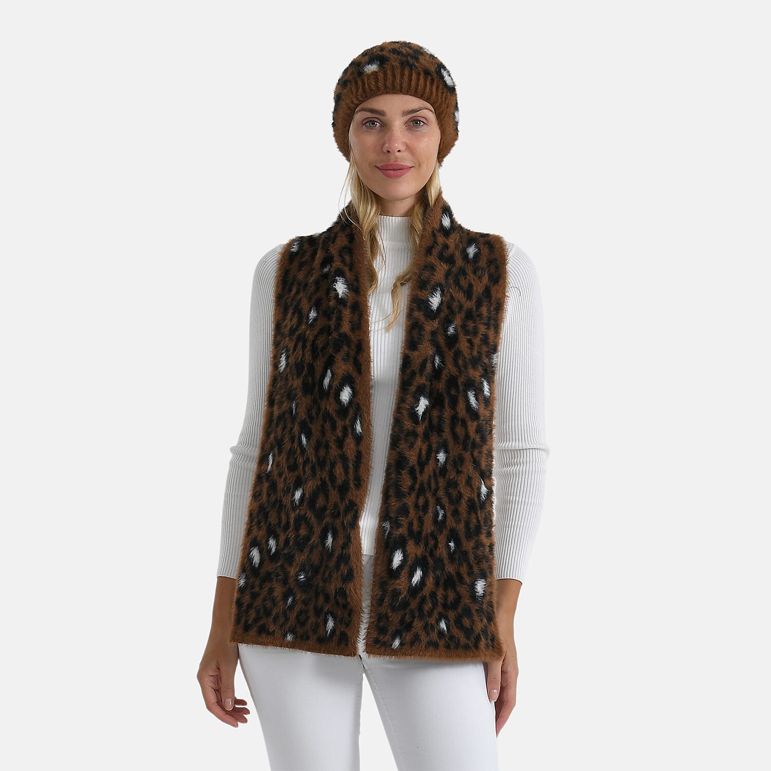 Conjunto de bufanda y gorro con estampado de leopardo para mujer Styled By – Accesorios de invierno de 2 piezas
