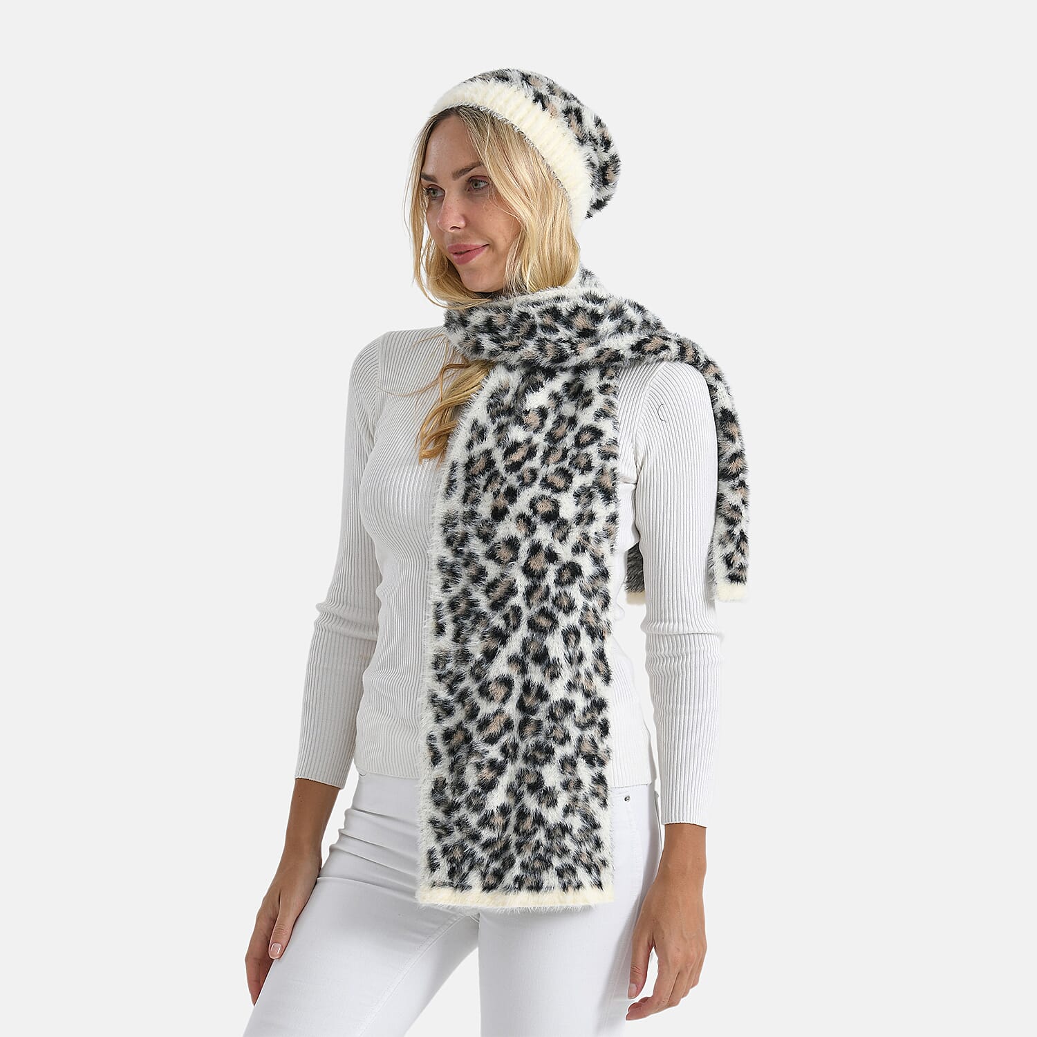 Conjunto de bufanda y gorro con estampado de leopardo para mujer Styled By – Accesorios de invierno de 2 piezas