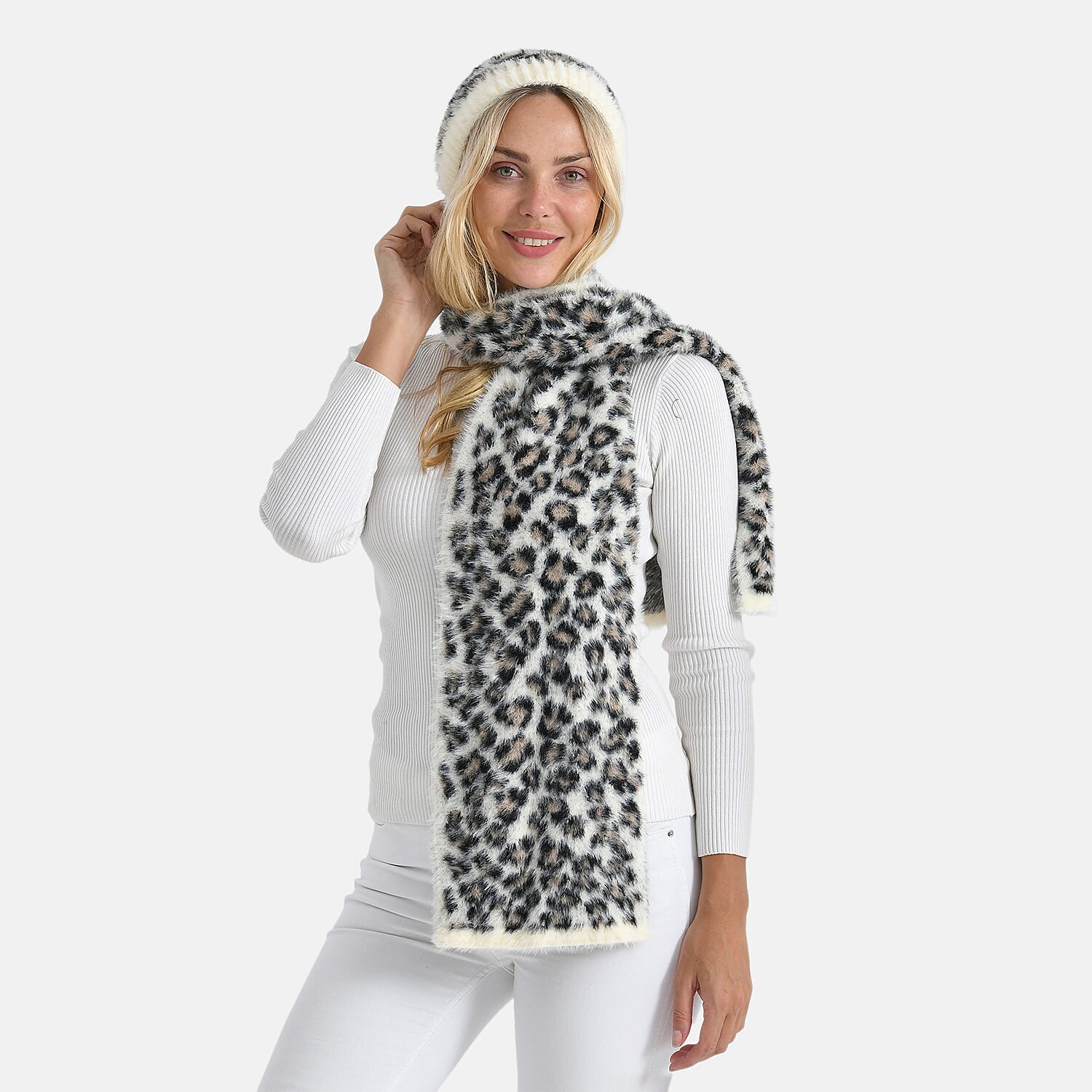 Conjunto de bufanda y gorro con estampado de leopardo para mujer Styled By – Accesorios de invierno de 2 piezas
