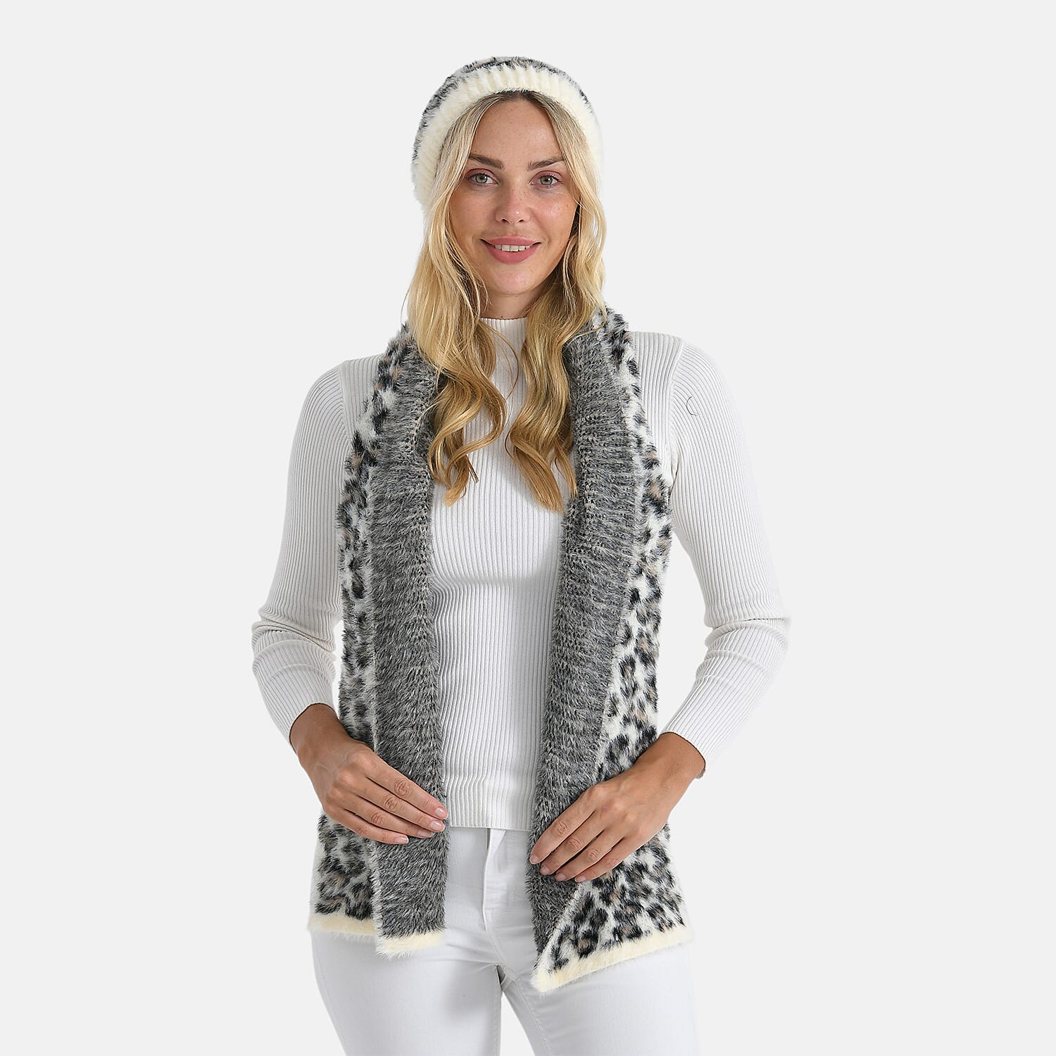 Conjunto de bufanda y gorro con estampado de leopardo para mujer Styled By – Accesorios de invierno de 2 piezas