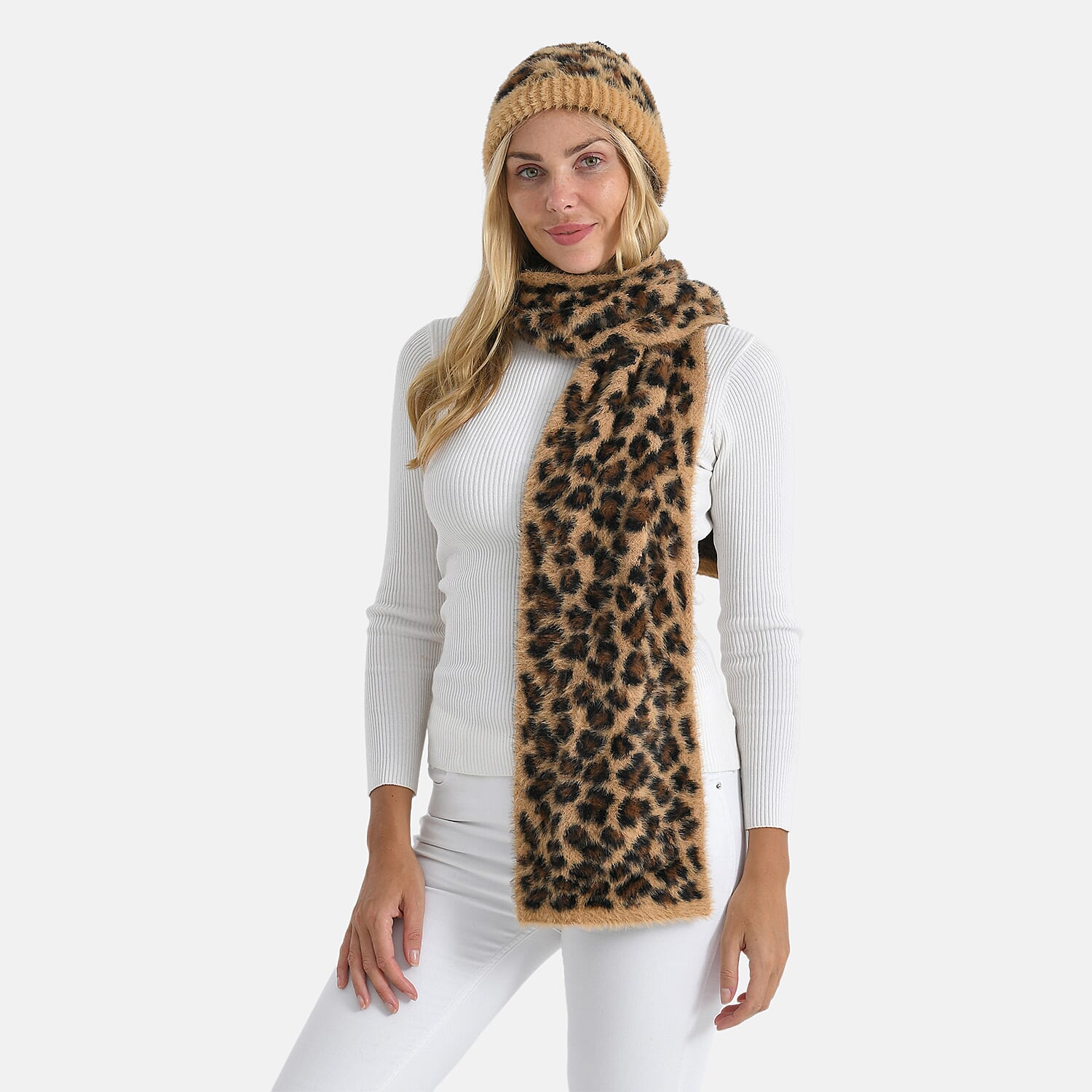 Conjunto de bufanda y gorro con estampado de leopardo para mujer Styled By – Accesorios de invierno de 2 piezas