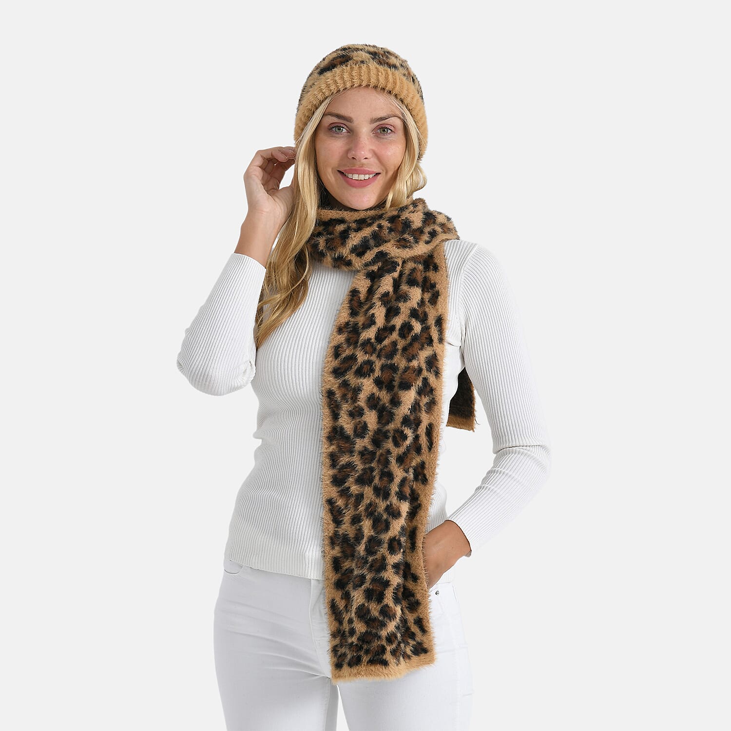 Conjunto de bufanda y gorro con estampado de leopardo para mujer Styled By – Accesorios de invierno de 2 piezas