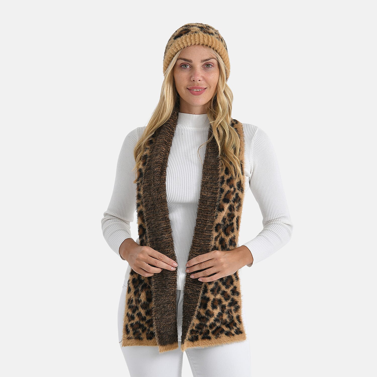 Conjunto de bufanda y gorro con estampado de leopardo para mujer Styled By – Accesorios de invierno de 2 piezas