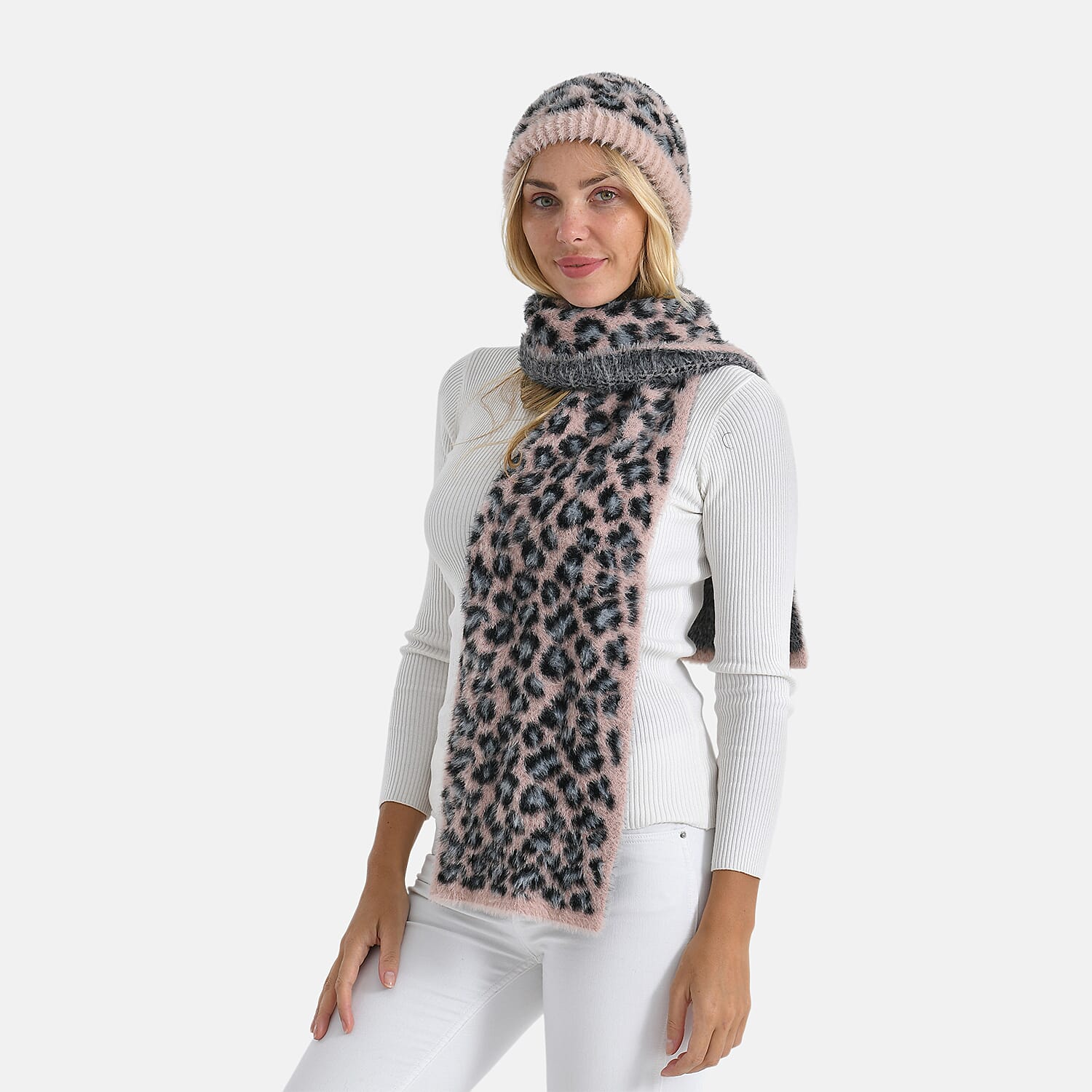 Conjunto de bufanda y gorro con estampado de leopardo para mujer Styled By – Accesorios de invierno de 2 piezas