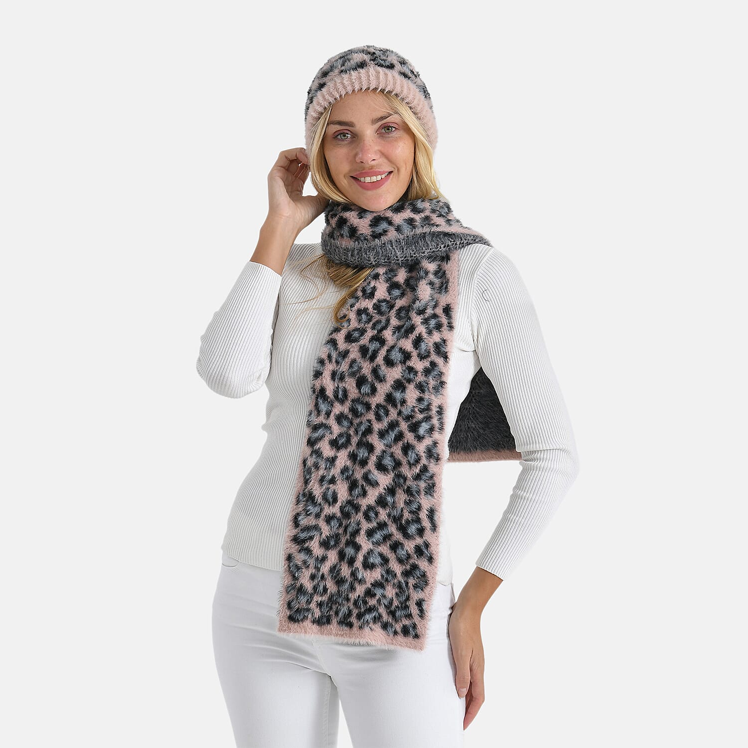 Conjunto de bufanda y gorro con estampado de leopardo para mujer Styled By – Accesorios de invierno de 2 piezas