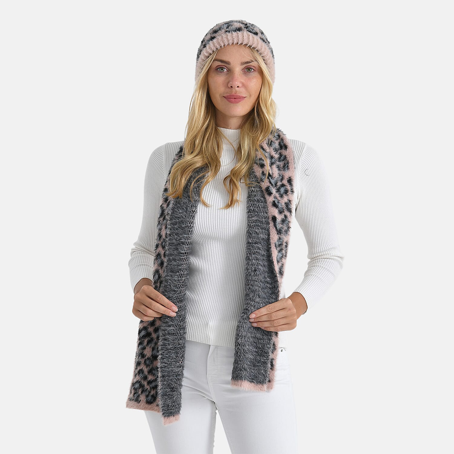 Conjunto de bufanda y gorro con estampado de leopardo para mujer Styled By – Accesorios de invierno de 2 piezas