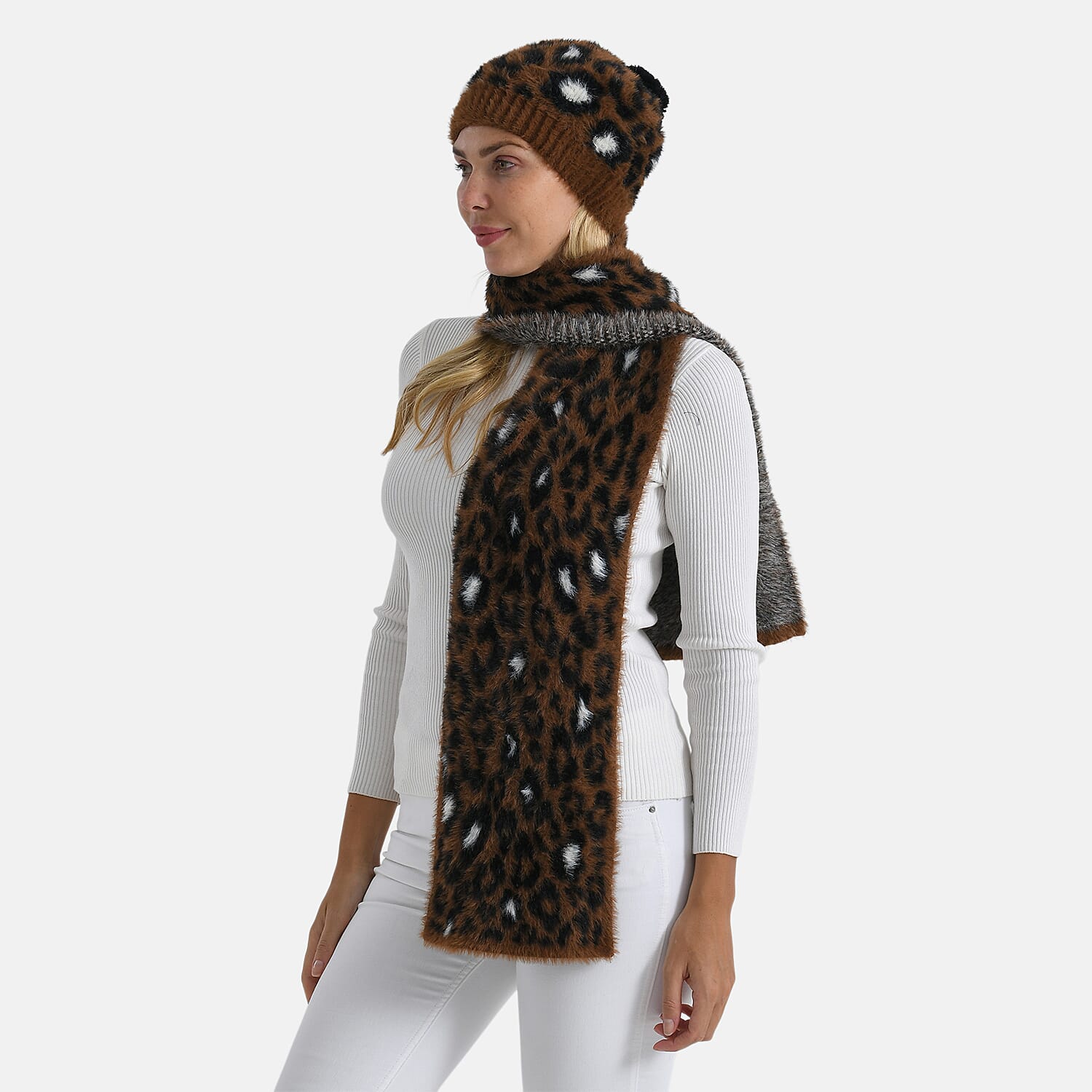 Conjunto de bufanda y gorro con estampado de leopardo para mujer Styled By – Accesorios de invierno de 2 piezas