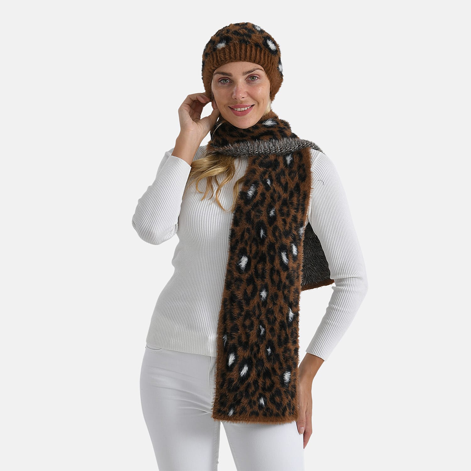 Conjunto de bufanda y gorro con estampado de leopardo para mujer Styled By – Accesorios de invierno de 2 piezas
