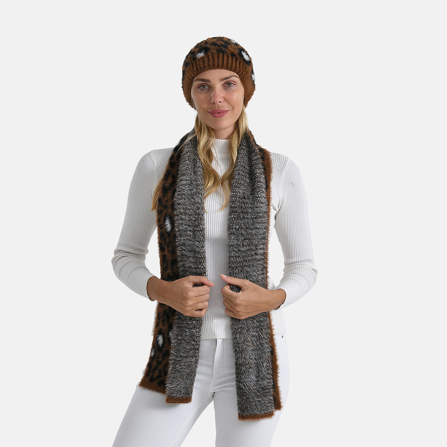 Conjunto de bufanda y gorro con estampado de leopardo para mujer Styled By – Accesorios de invierno de 2 piezas