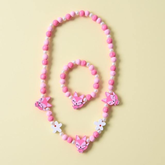 Conjunto de collar y pulsera de cuentas de madera con animales para niñas