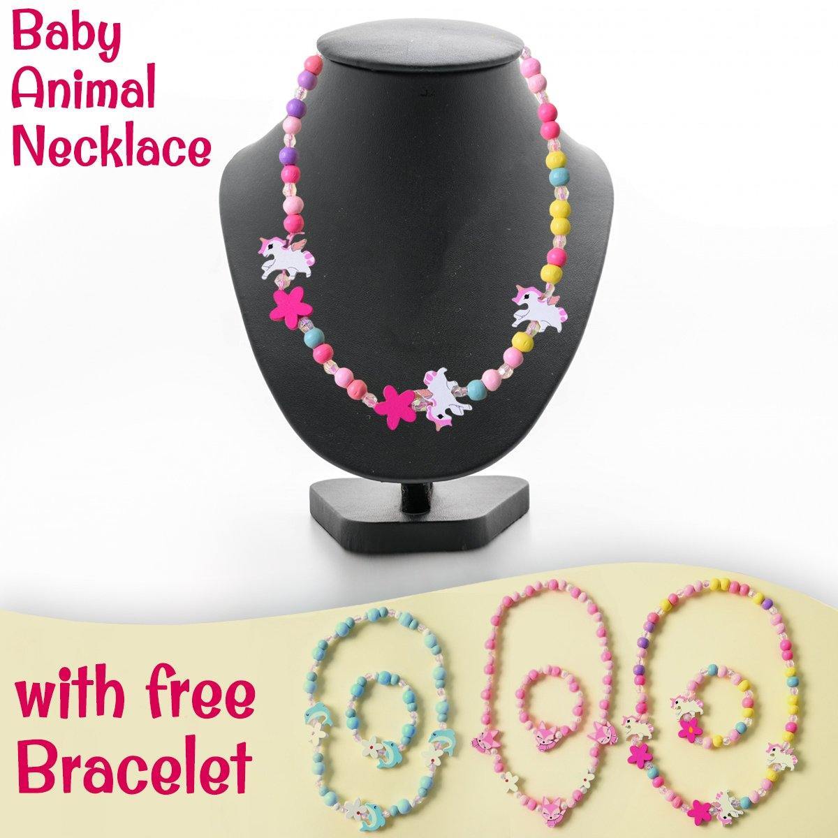 Conjunto de collar y pulsera de cuentas de madera con animales para niñas