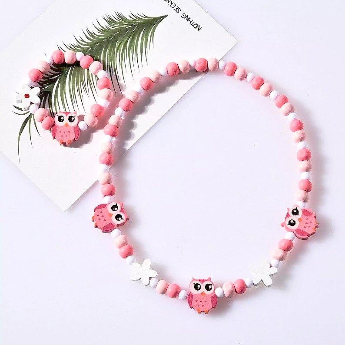 Conjunto de collar y pulsera de cuentas de madera con animales para niñas