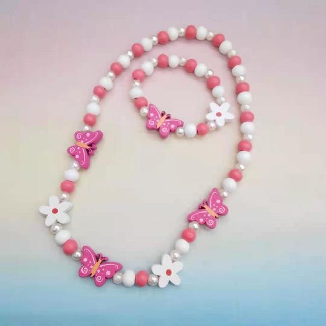 Conjunto de collar y pulsera de cuentas de madera con animales para niñas