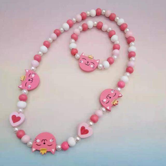Conjunto de collar y pulsera de cuentas de madera con animales para niñas