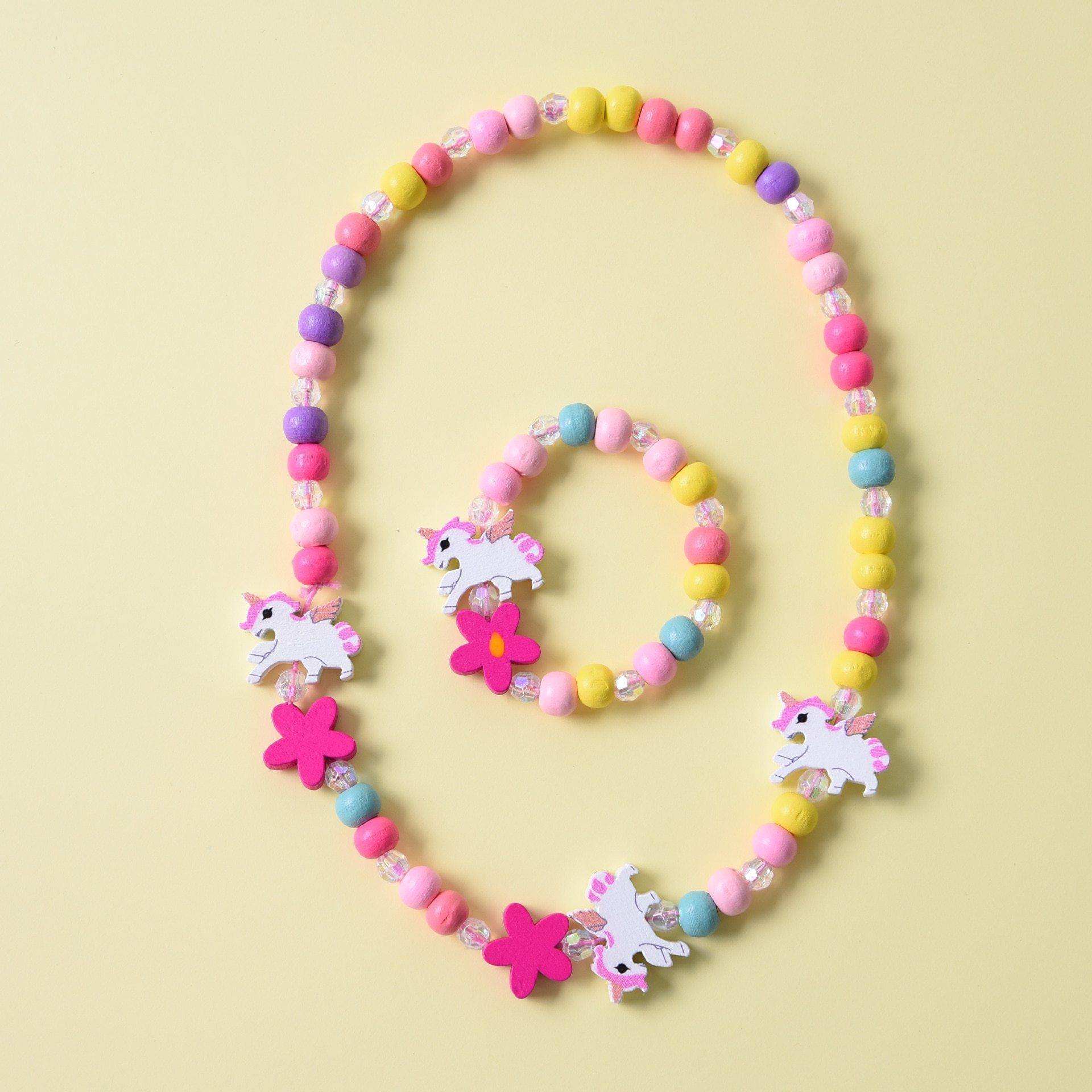 Conjunto de collar y pulsera de cuentas de madera con animales para niñas