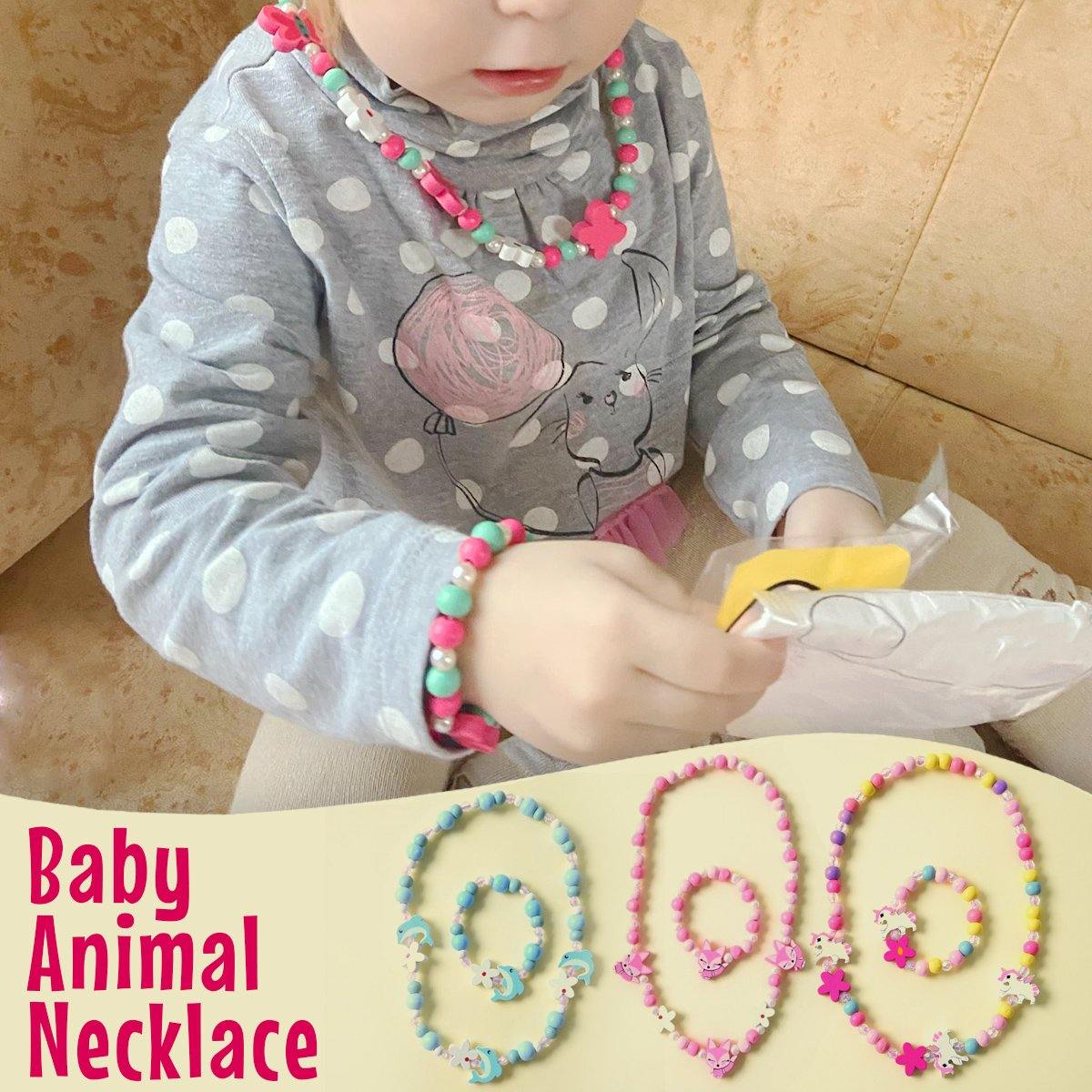 Conjunto de collar y pulsera de cuentas de madera con animales para niñas