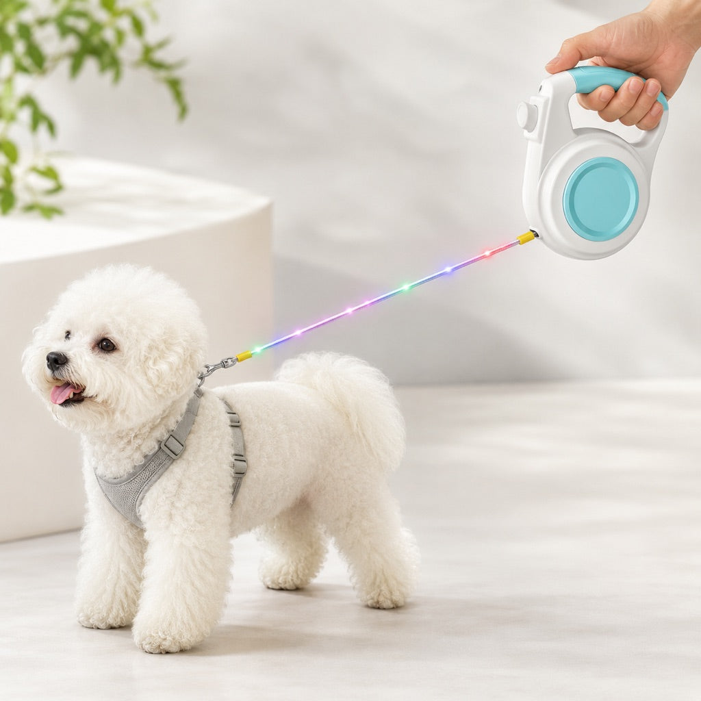 Correa retráctil recargable con luz LED para perros pequeños en paseos nocturnos