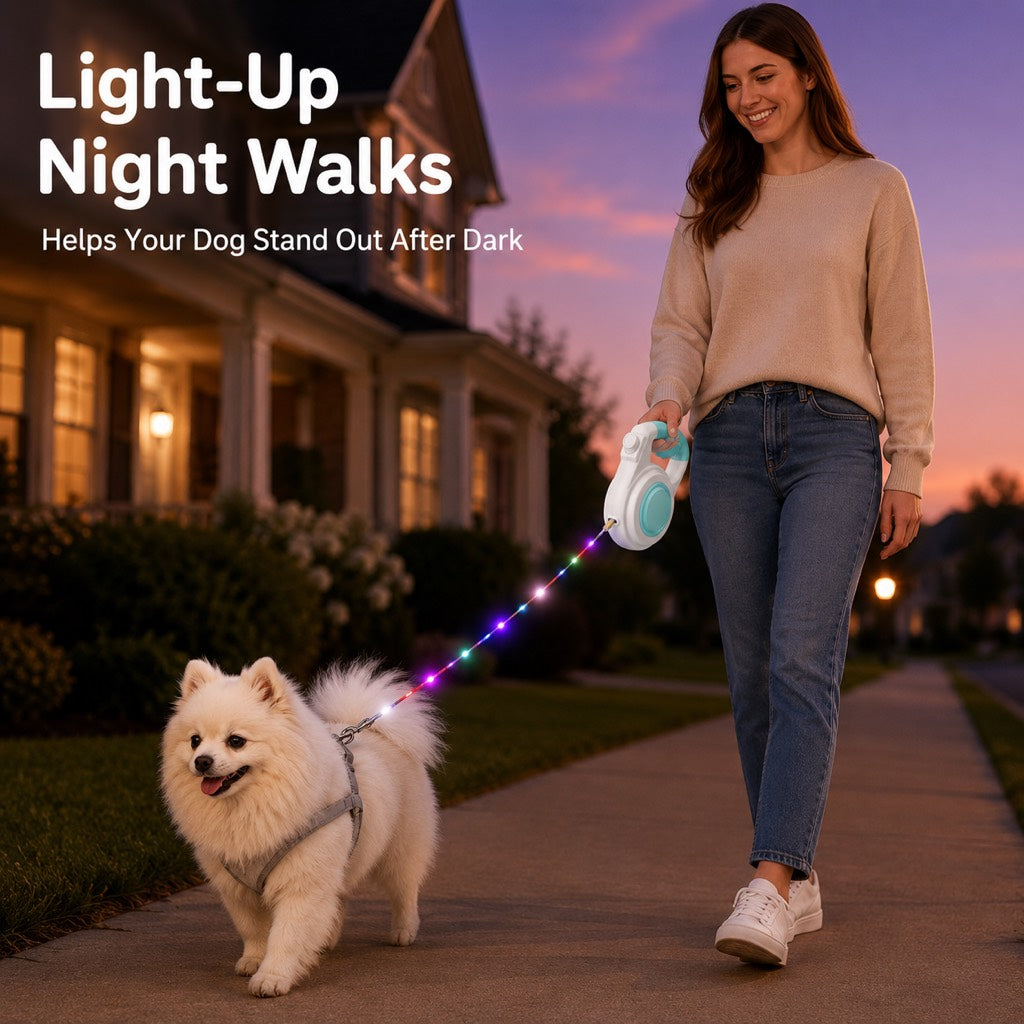 Correa retráctil recargable con luz LED para perros pequeños en paseos nocturnos