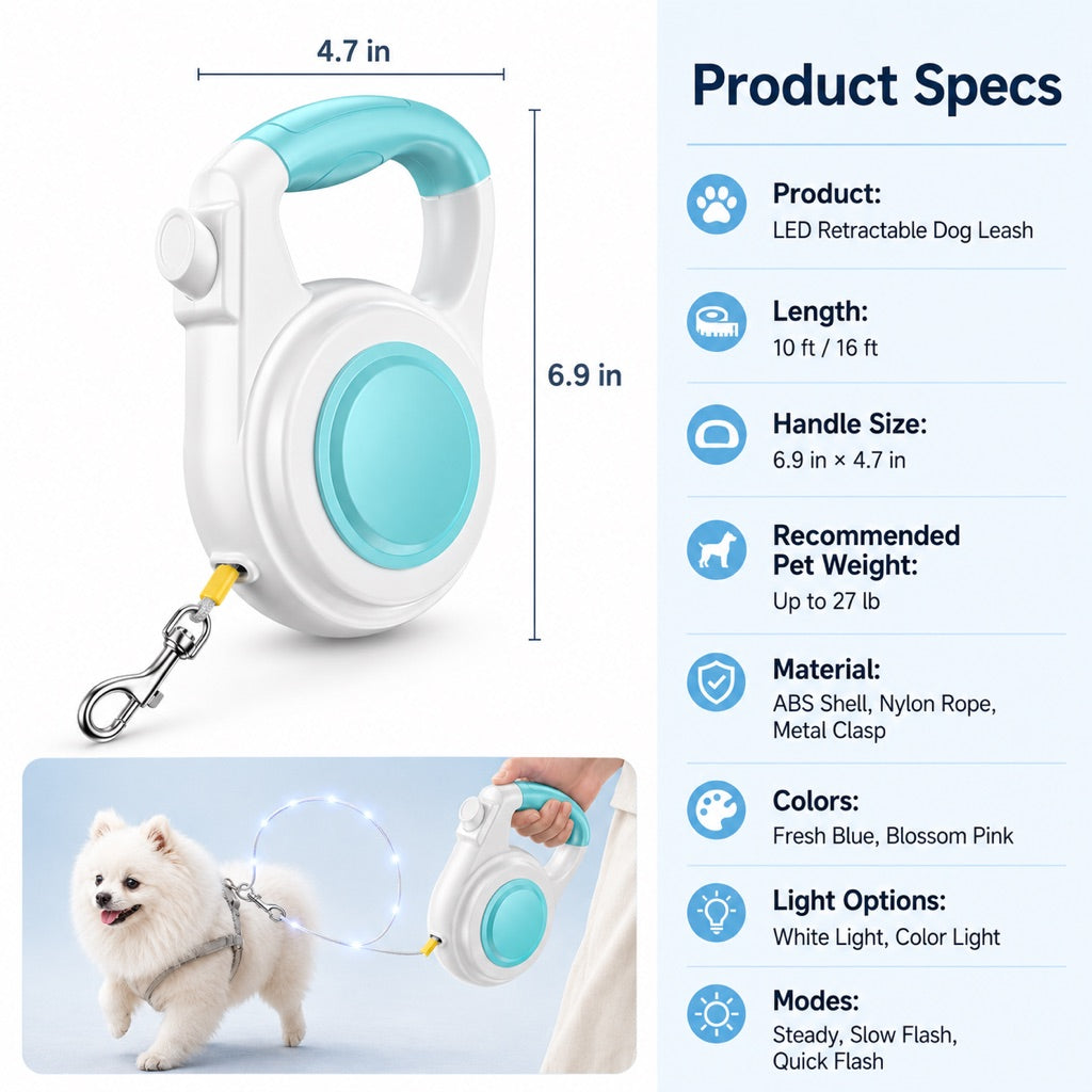 Correa retráctil recargable con luz LED para perros pequeños en paseos nocturnos