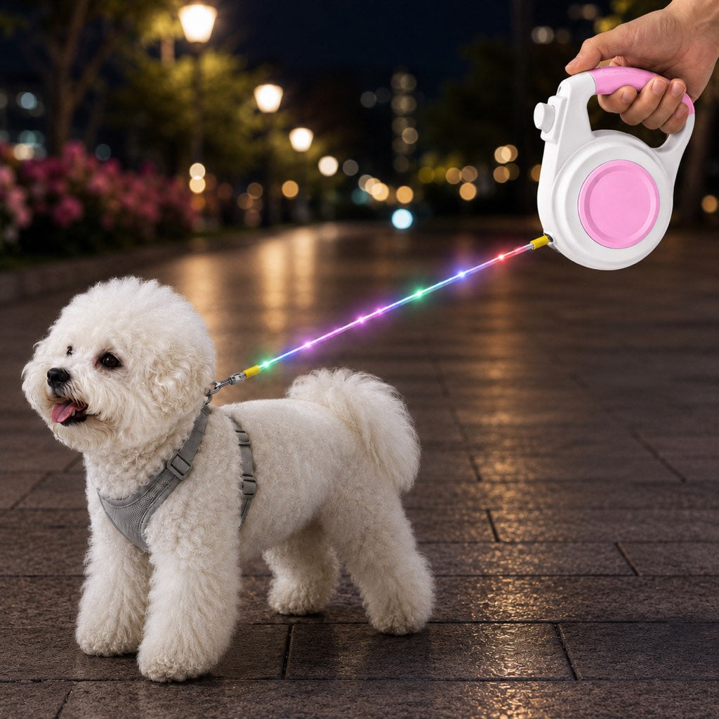 Correa retráctil recargable con luz LED para perros pequeños en paseos nocturnos