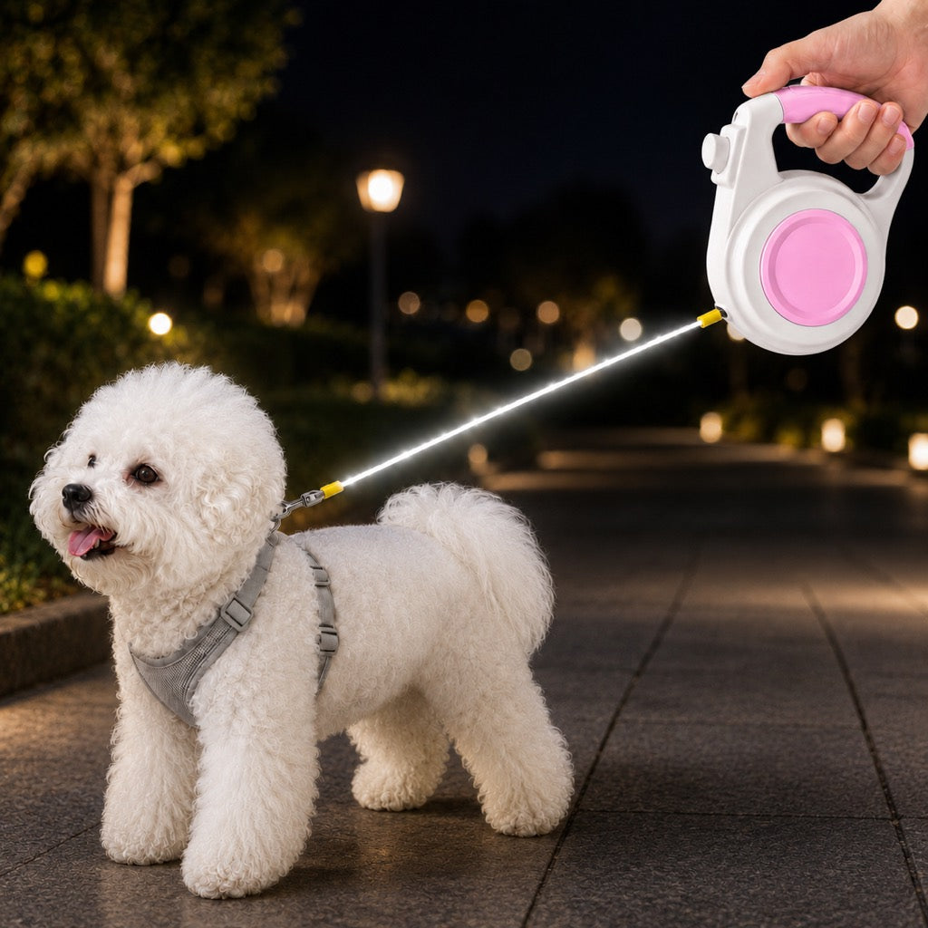 Correa retráctil recargable con luz LED para perros pequeños en paseos nocturnos