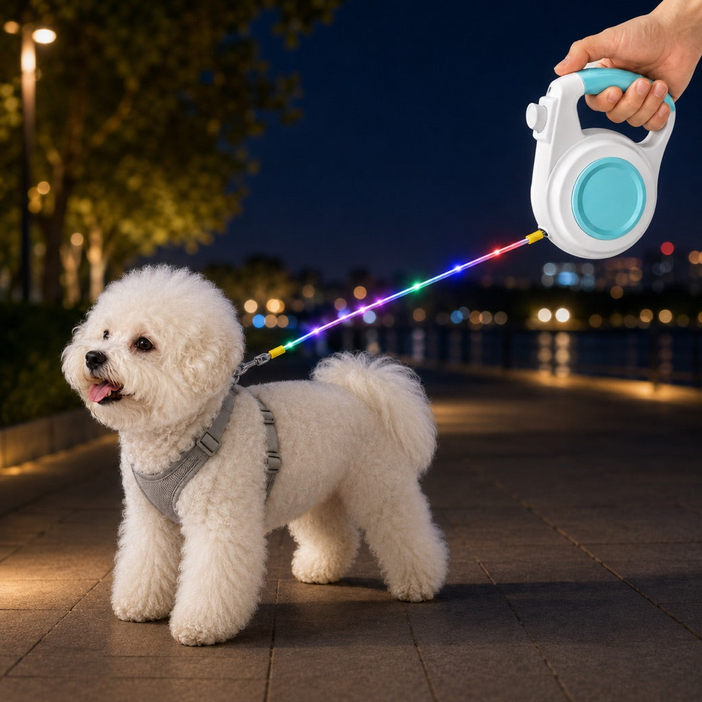 Correa retráctil recargable con luz LED para perros pequeños en paseos nocturnos