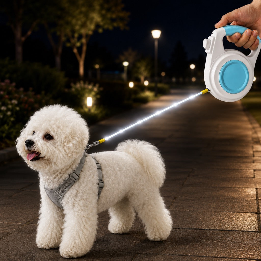 Correa retráctil recargable con luz LED para perros pequeños en paseos nocturnos