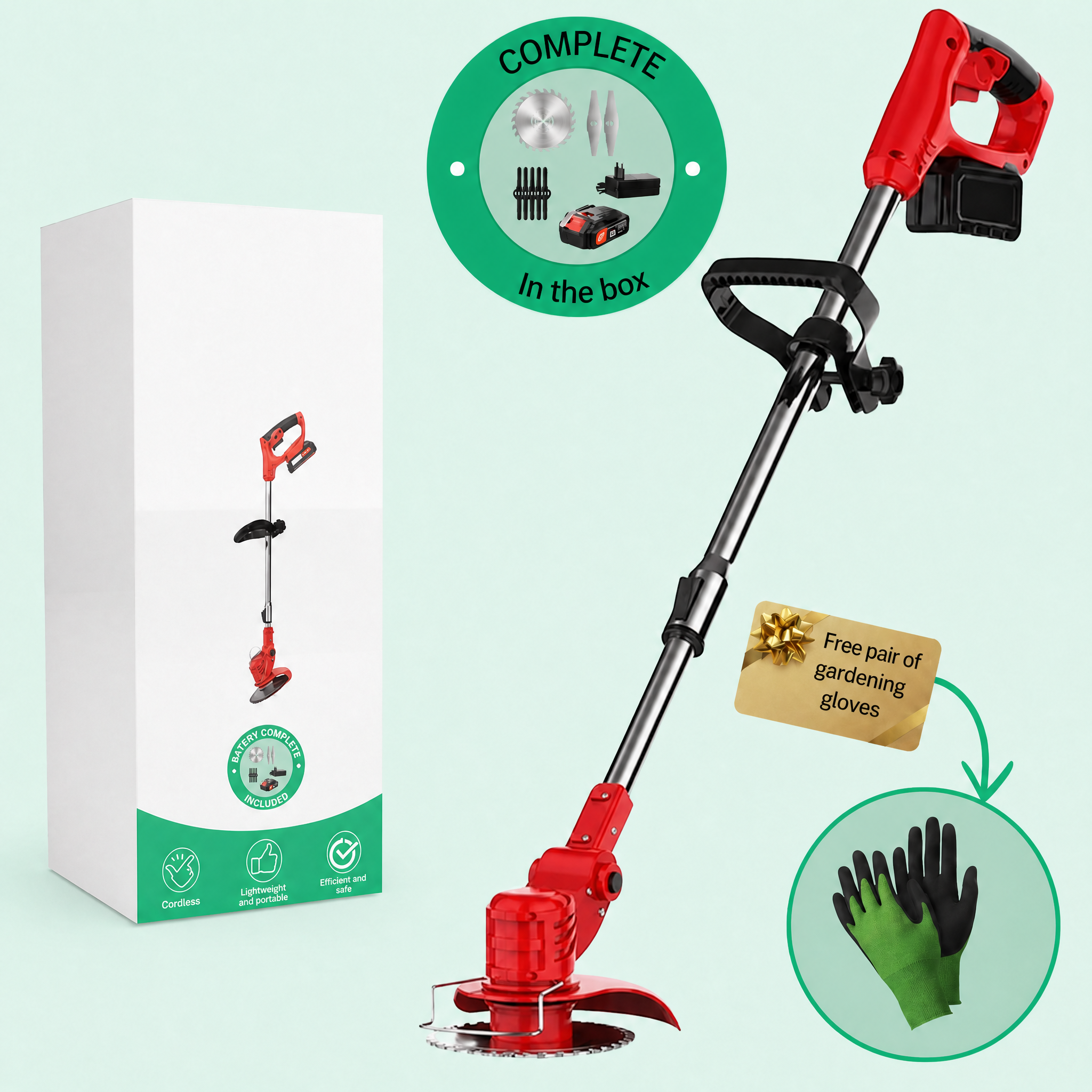 Desbrozadora sin cable 21 V con batería, mango telescópico, 3 tipos de cuchillas y cabezal giratorio 90°, 1,8 kg, baterí