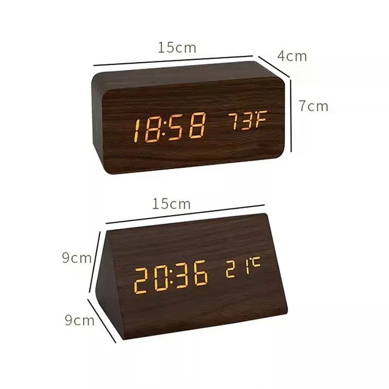 Despertador inteligente LED con control por voz y diseño de madera