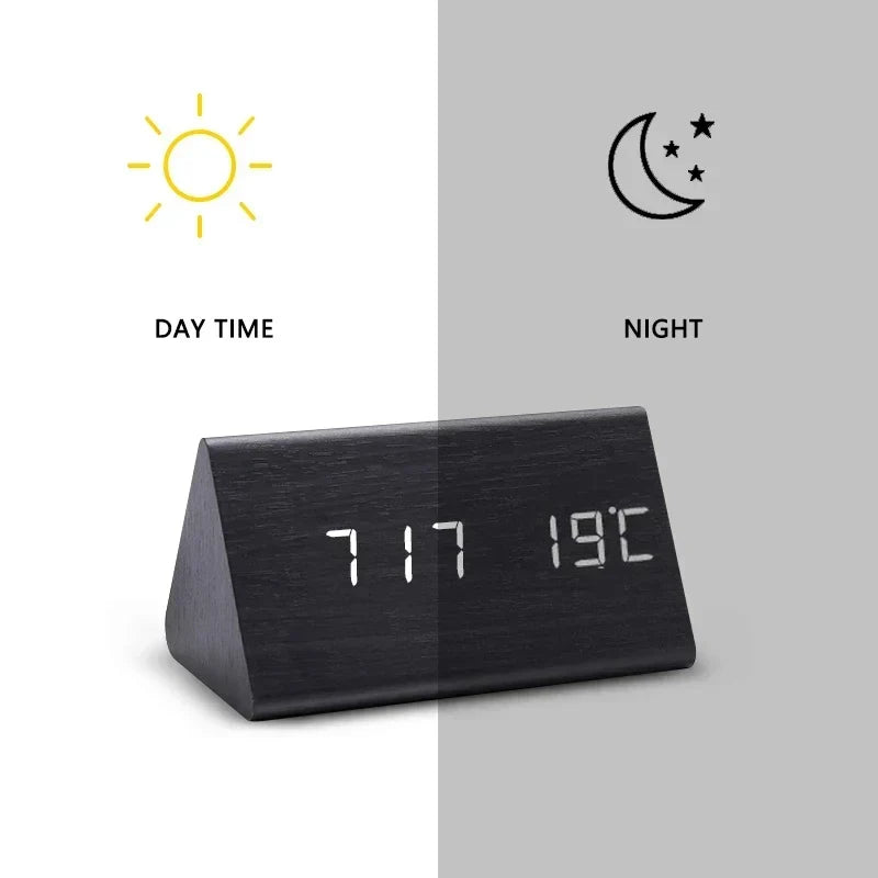 Despertador inteligente LED con control por voz y diseño de madera