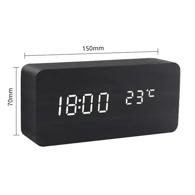 Despertador inteligente LED con control por voz y diseño de madera