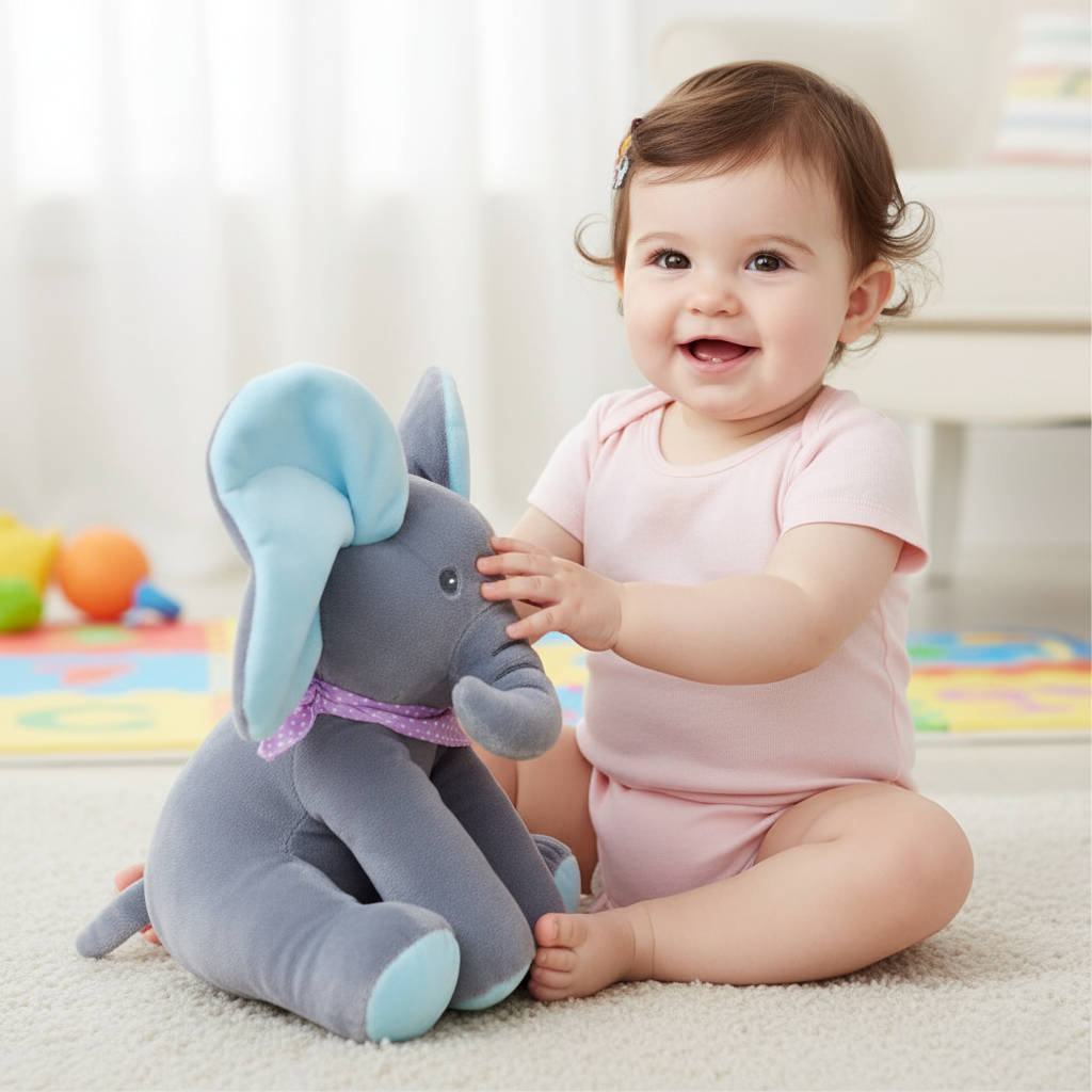 Elefante de peluche interactivo con cucú y canciones