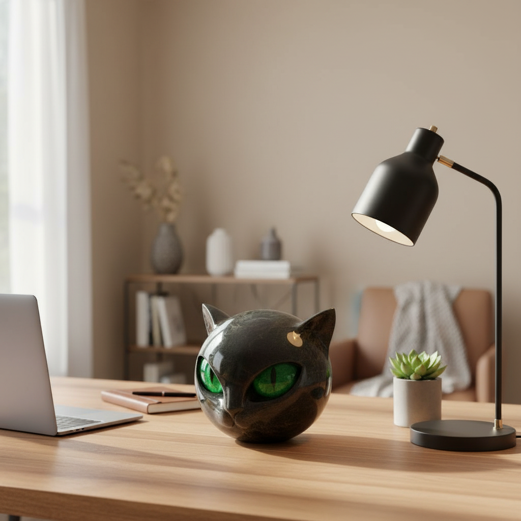 Escultura NoirCat – Cabeza de gato negro con ojos hipnóticos