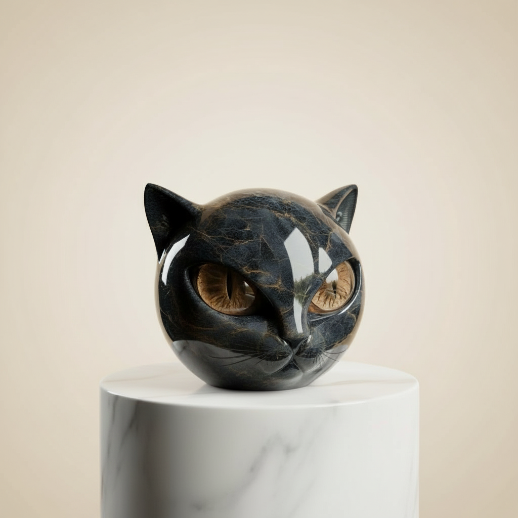 Escultura NoirCat – Cabeza de gato negro con ojos hipnóticos