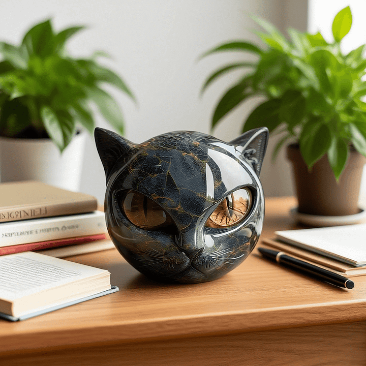 Escultura NoirCat – Cabeza de gato negro con ojos hipnóticos