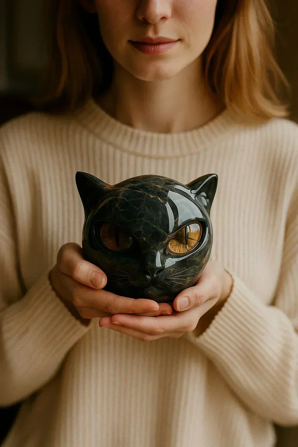Escultura NoirCat – Cabeza de gato negro con ojos hipnóticos
