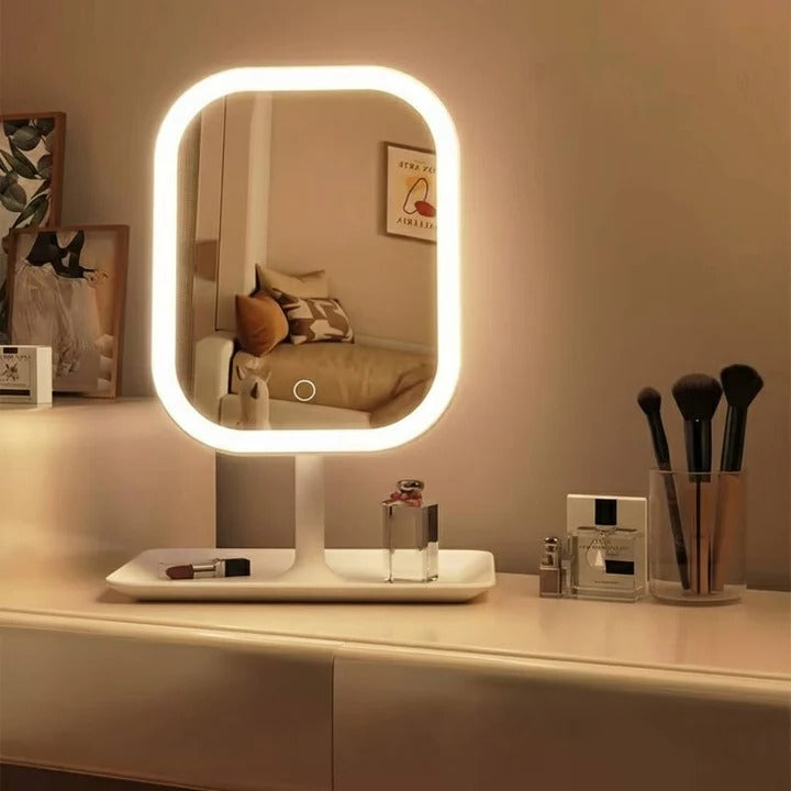 Espejo Cosmético Portátil con Luces y Cristal de Alta Definición y Puerto de Carga USB y Soporte Compacto