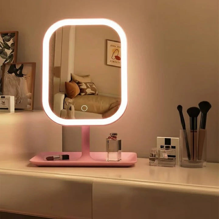 Espejo Cosmético Portátil con Luces y Cristal de Alta Definición y Puerto de Carga USB y Soporte Compacto