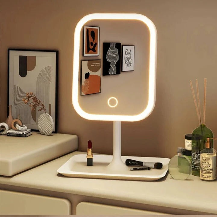 Espejo Cosmético Portátil con Luces y Cristal de Alta Definición y Puerto de Carga USB y Soporte Compacto