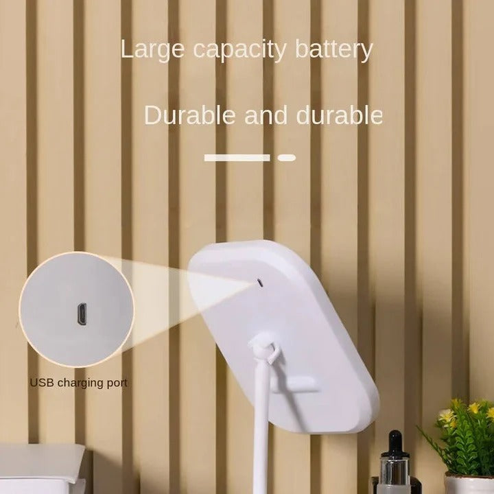 Espejo Cosmético Portátil con Luces y Cristal de Alta Definición y Puerto de Carga USB y Soporte Compacto
