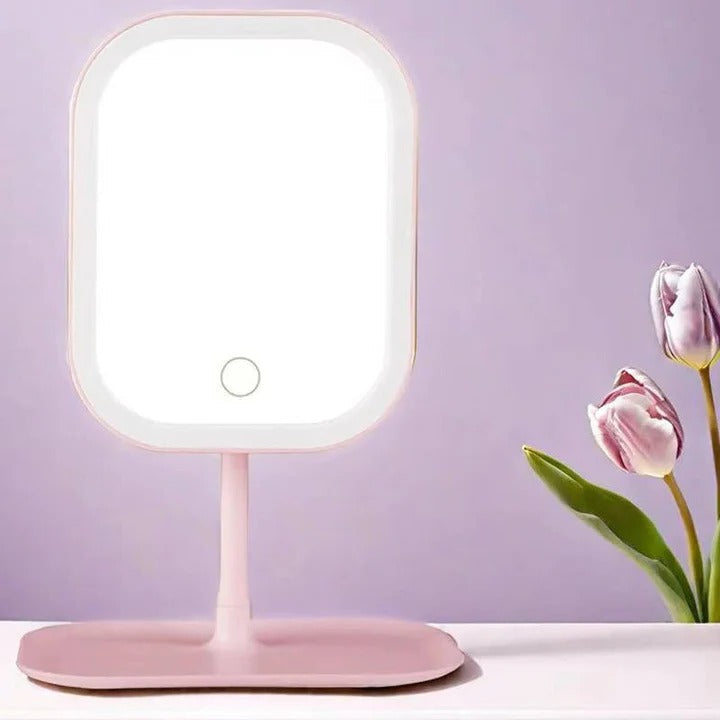 Espejo Cosmético Portátil con Luces y Cristal de Alta Definición y Puerto de Carga USB y Soporte Compacto
