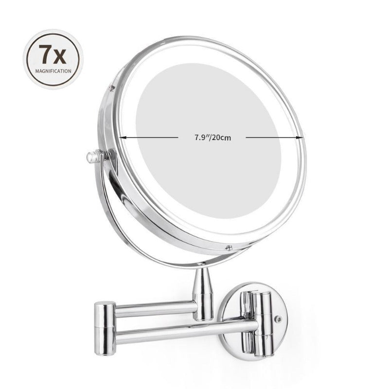 Espejo de Maquillaje LED de Doble Brazo, Aumento 1X y 7X, Montaje en Pared