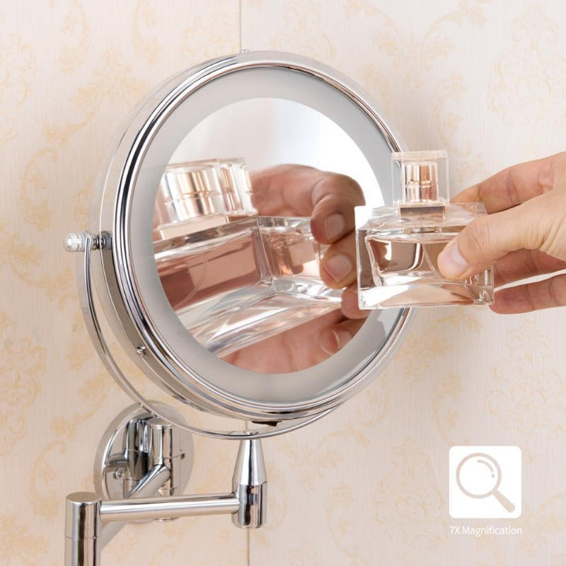 Espejo de Maquillaje LED de Doble Brazo, Aumento 1X y 7X, Montaje en Pared